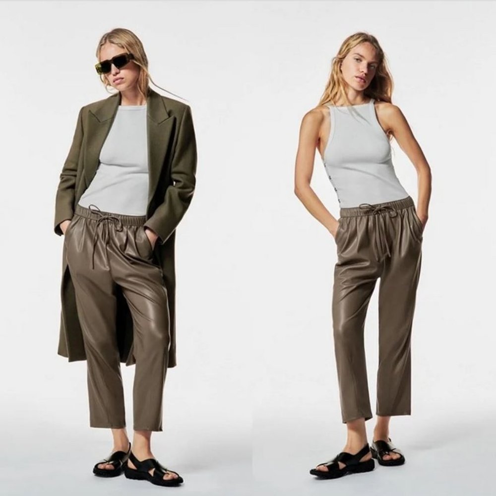 Zara faux leather khaki grey weekend pants, XS